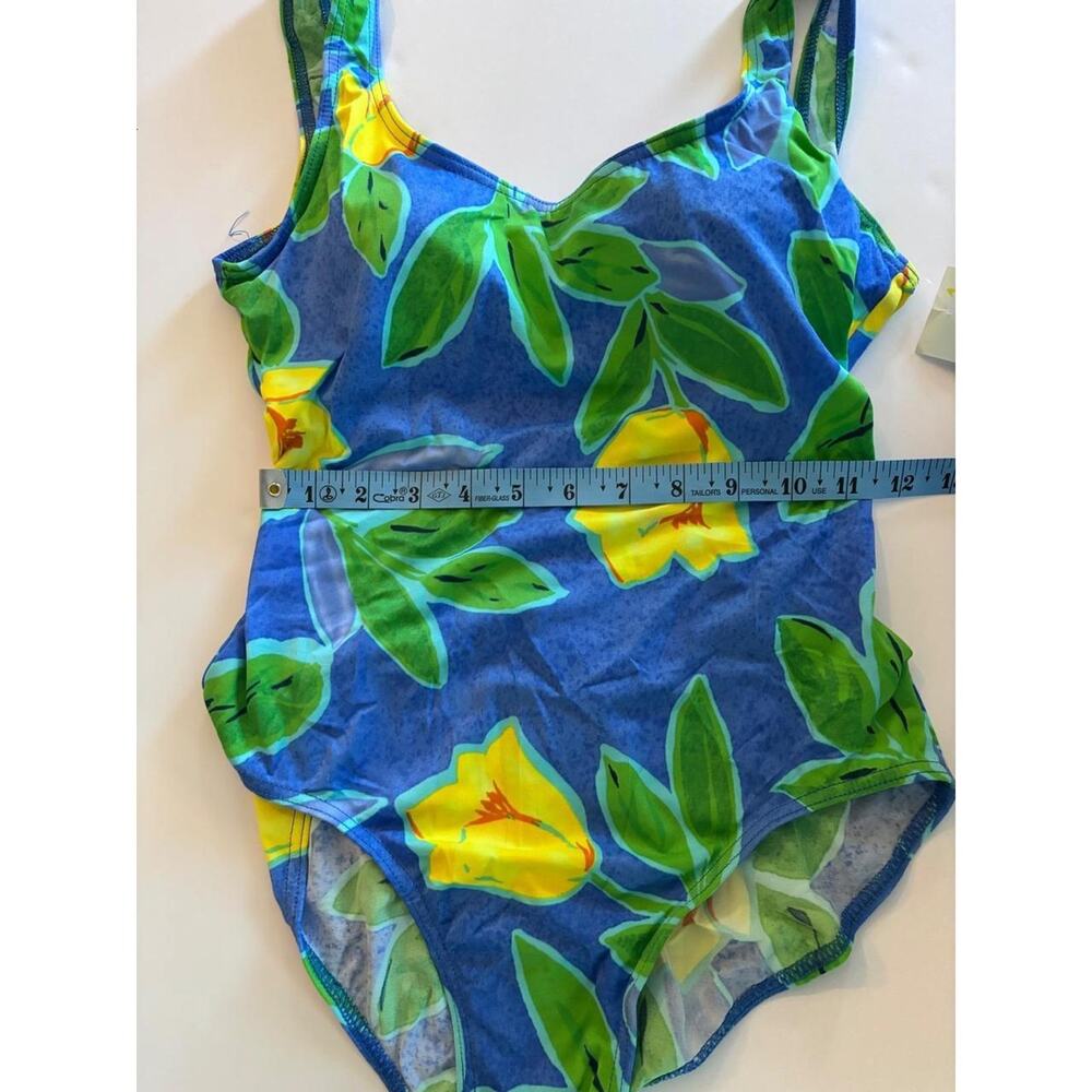 Retro Floral One Piece Swimsuit Blue Yellow Green Tummy Control Ruched SZ‎ M NWT